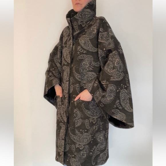 Vintage grey wool kimono coat / size 10 / paisley pattern - Picture 8 of 11
